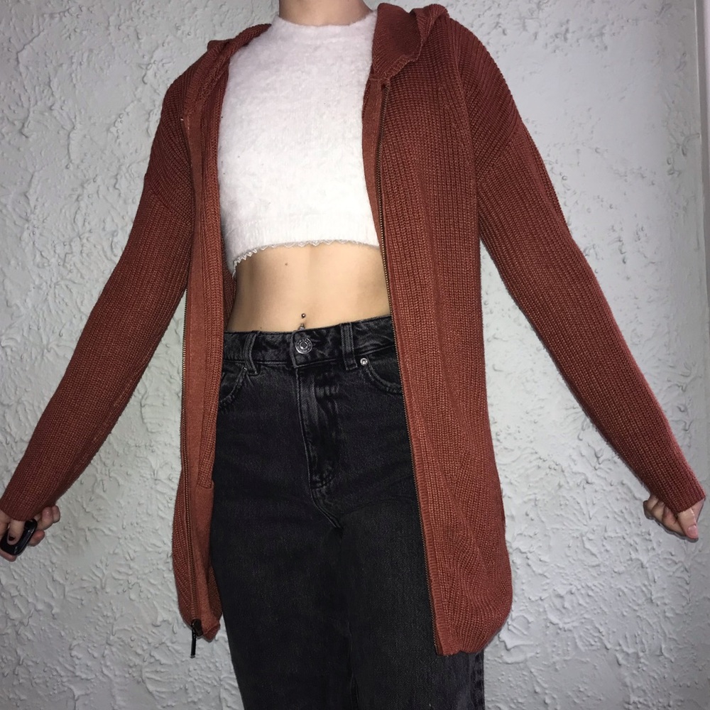 MAX STUDIO Burnt Orange Knit Zip Up Hoodie Cardigan Sweater